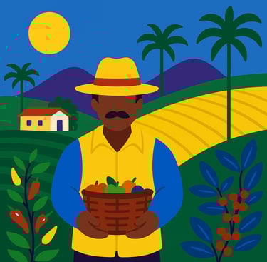 campesino colombiano cosechando café y otros productos