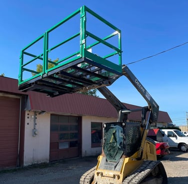 Custom man basket work platform raised by skid steer