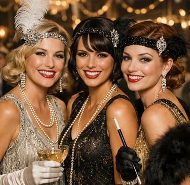 Three pretty women in 1920s flapper dresses