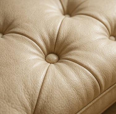 Close-up of button tufted bench cushion showing soft fabric texture and natural shadows for a luxurious look.