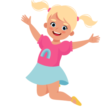 Colorful, smiling cartoon girl jumping and celebrating