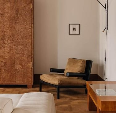 salon avec canapé, armoire et fauteuil, ambiance boisée