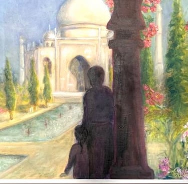 Father and child admiring Taj Mahal view