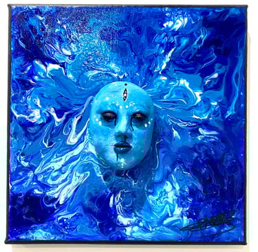 Ilona Paris tableau d'une sculpture bleue qui émerge d'un tableau bleu