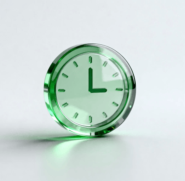3D glassmorphism icon of a clock, symbolizing on-time delivery.