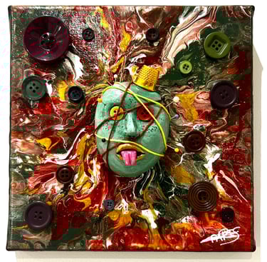 Ilona Paris tableau d'une peinture d'un visage avec du fil et des yeux boutons