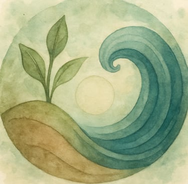 Illustration of the three Ayurvedic doshas — Vata, Pitta and Kapha — with elemental symbols