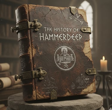 An ancient, leather-bound book titled "The History of Hammerdeep" rests on a stone pedestal
