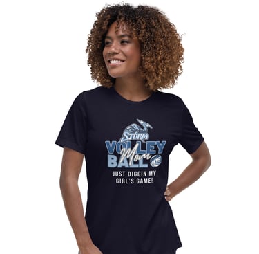 a woman wearing a t - shirt that says, "Volleyball Mom",