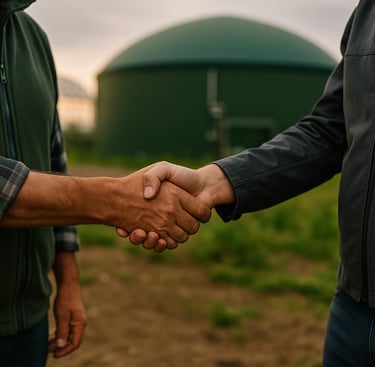 two men shaking hands with a green and white background