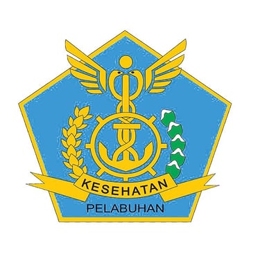 Official Kesehatan Pelabuhan logo featuring a blue pentagon with a yellow caduceus, anchor, and wings.