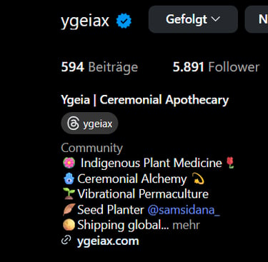 Instagram profile for Ygeia Ceremonial Apothecary featuring indigenous plant medicine and alchemy.