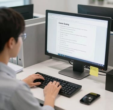 A focused virtual assistant working on multiple screens in a clean, bright workspace.