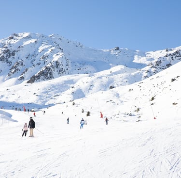 a group of people skiing down a snowy mountain