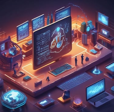 Futuristic digital workspace with holographic data screens, illuminated computer hardware, and neon cybersecurity interface.