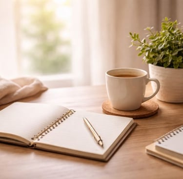 Calm home workspace with notebook, coffee mug, and plant used for planning family routines