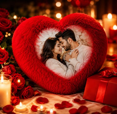 A romantic couple inside a heart-shaped frame surrounded by red roses, candles, and a Valentine gift.