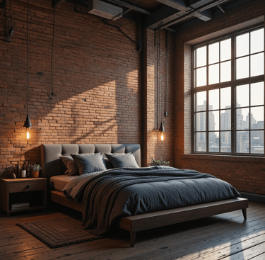 Dormitorio industrial moderno con pared de ladrillo visto rojo, iluminación cálida tipo Edison y cam
