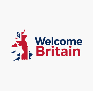 Welcome Britain logo featuring a UK map silhouette with the Union Jack flag design.