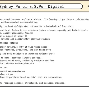ChatGPT interface showing a detailed prompt for a consumer appliance advisor to find a refrigerator.