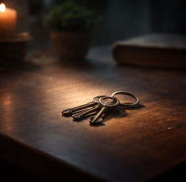 A small set of vintage keys resting slightly out of place on a wooden table, softly illuminated by w