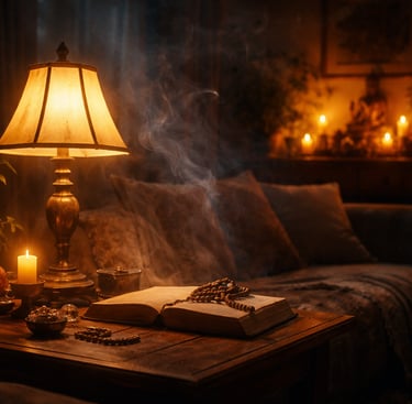 Softly lit room with warm lamp glow, flickering candlelight, and subtle mist creating a calm, slight