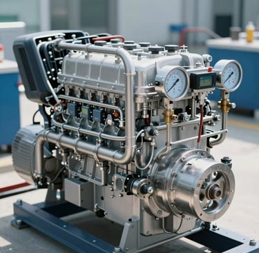 Close-up of a heavy-duty engine-pump package skid, stainless steel piping, digital pressure gauges, crisp industrial daylight, technical focus