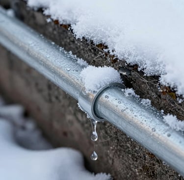 Close-up of frozen water droplets dripping from a metal outdoor handrail covered in fresh winter snow.