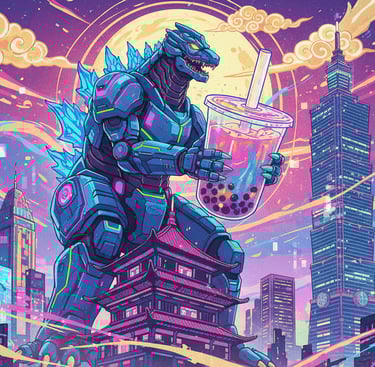 Robot Godzilla holding a bubble tea in Taipei