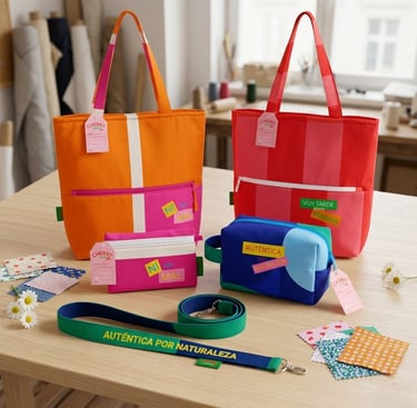 Colección Así Soy Yo: bolsos tote naranja y rojo, estuche fucsia y neceser azul Auténtica.