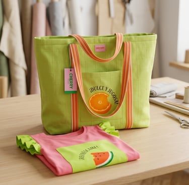 Colección Dame un Mordisco: bolso playa verde lima naranja jugosa y camiseta rosa sandía.