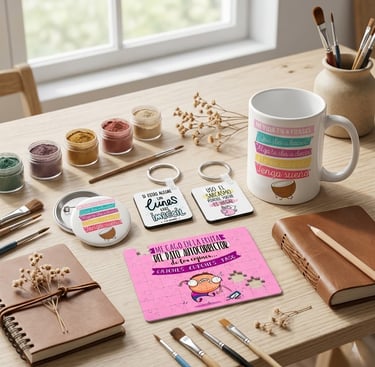 Colección Humor Supervivencia: taza Mi vida en 4 frases, llaveros y puzzle rosa pato.