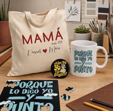 Colección Legado de Madre: tote bag Mamá personalizada, taza, chapa y puzzle Porque lo digo yo.