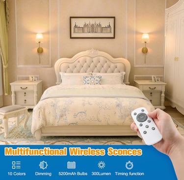 Elegant bedroom featuring multifunctional wireless wall sconces with remote control for dimming and timing.