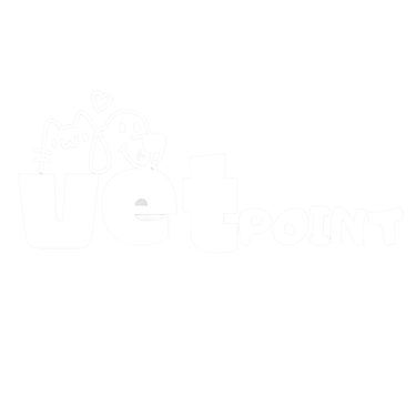 Logo de VetPoint con un gato y un perro de caricatura y un corazón sobre un fondo negro.