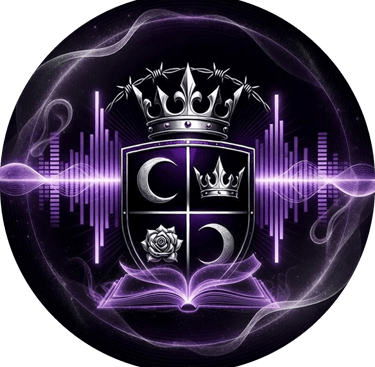 Vaeloria's crest of 2 moons, a crown and rose set in a shield with wings. a crown under barbed wire sit at the top