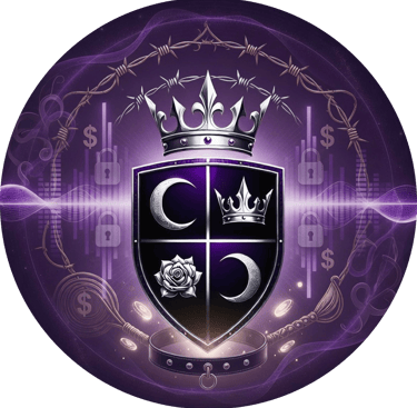 Vaeloria's crest of 2 moons, a crown and rose set in a shield with wings. a crown under barbed wire sit at the top