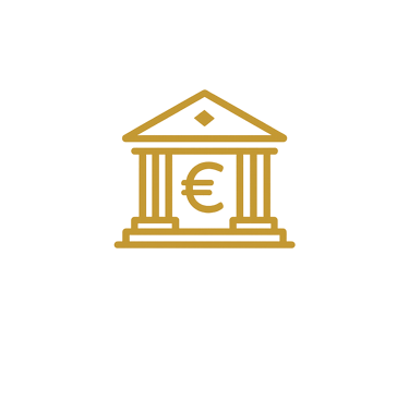 Gold line art icon of a classic bank building with a Euro currency symbol on a black background.