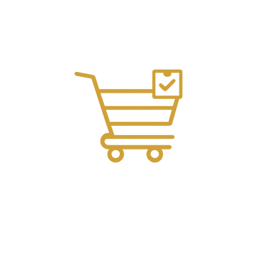 Gold shopping cart icon with a checked box symbolizing order completion on a black background.