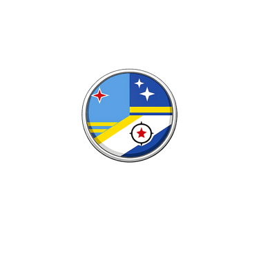 Circular emblem featuring the Aruba and Bonaire flags with stars and a red compass on a black background.