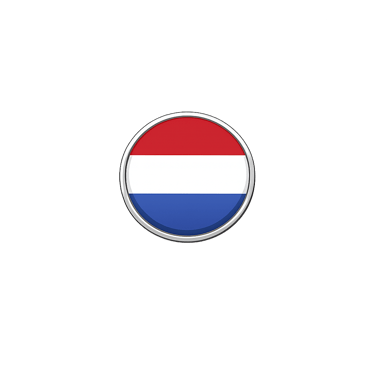 Circular Netherlands flag icon with a metallic silver border centered on a solid black background.