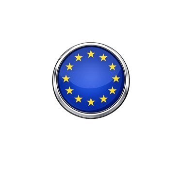 Glossy European Union flag button with a metallic border centered on a solid black background.