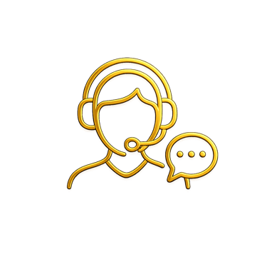 Golden 3D customer support icon featuring a person with a headset and a speech bubble on a black background.