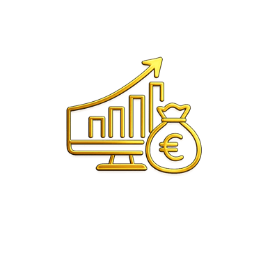 Golden financial growth chart icon with Euro money bag on a black background for investment concepts.