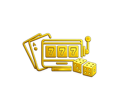 Golden 3D icons of a slot machine with triple sevens, playing cards, and dice for online casino gambling.
