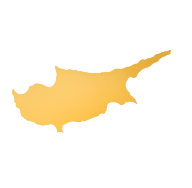 A golden yellow map silhouette of the island of Cyprus isolated on a solid black background.