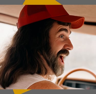 a man with long hair and a red hat