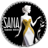 Vintage Sana Fashion House logo featuring a woman in an elegant yellow and white gown.