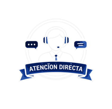 Customer support icon featuring a representative with a headset and Atención Directa banner.