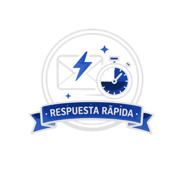 Blue fast response badge with a lightning bolt, envelope, and stopwatch icon for quick customer support.